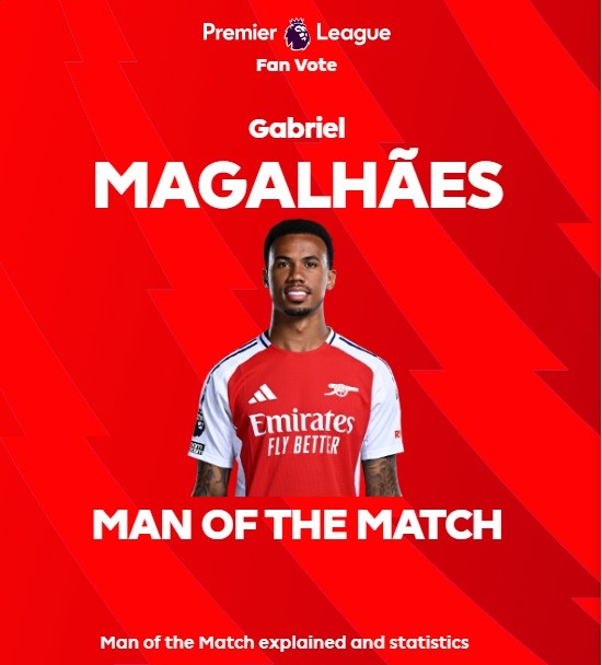 英超官方：加布里埃爾當(dāng)選阿森納0-0諾丁漢森林全場最佳