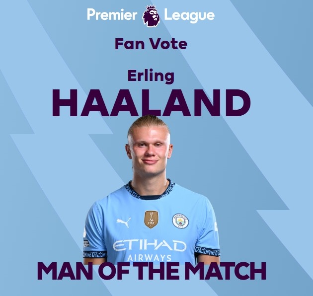 打進(jìn)致勝球！英超官方：哈蘭德當(dāng)選曼城1-0熱刺全場最佳球員