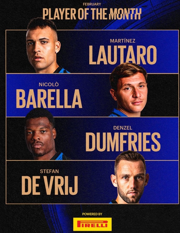 國米官方評二月隊內(nèi)最佳候選：勞塔羅、巴雷拉、鄧弗里斯、德弗里