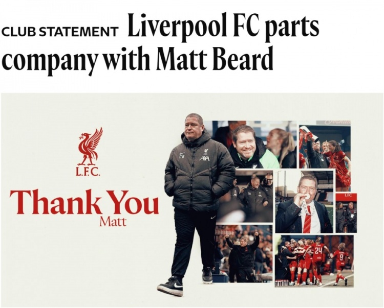 官方：利物浦女足主帥馬特-比爾德離任，懷特利擔(dān)任臨時教練