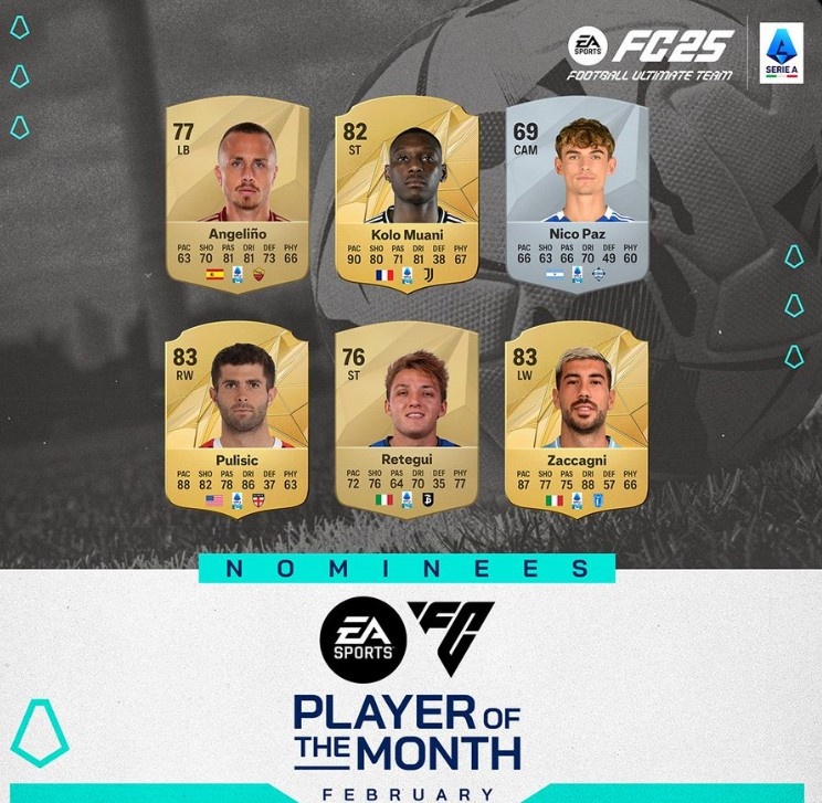 意甲官方2月最佳球員候選：普利西奇、穆阿尼、尼科-帕斯在列