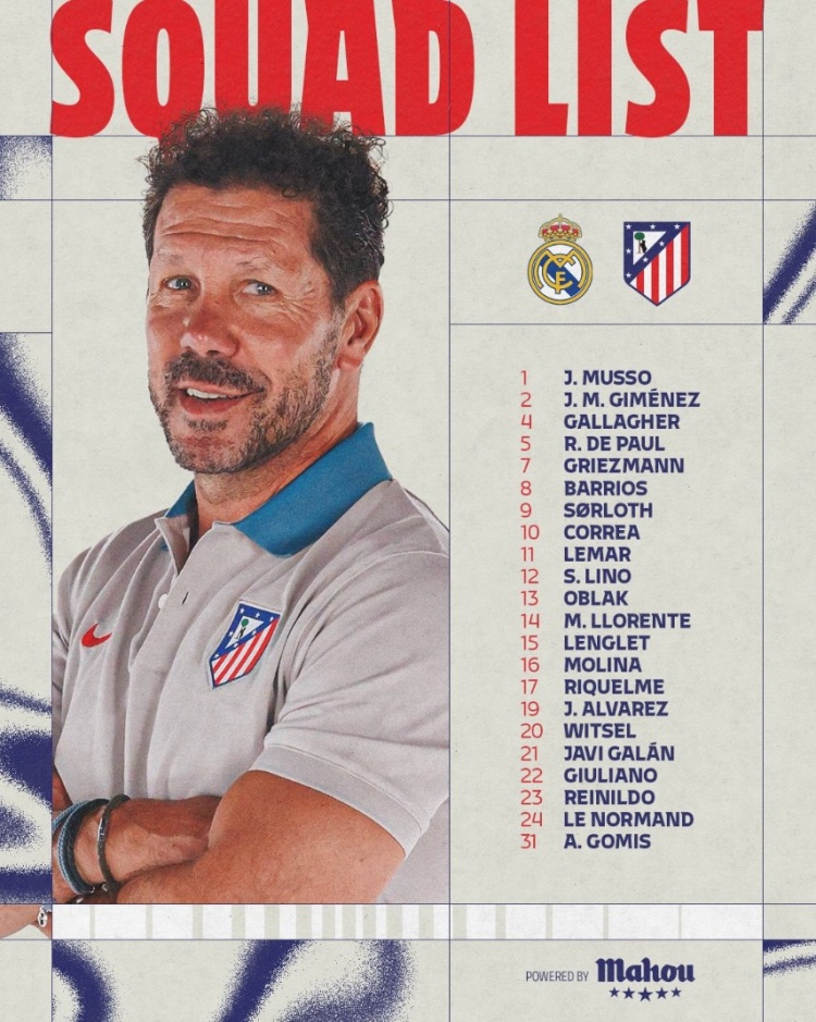 馬競公布戰(zhàn)皇馬名單：小蜘蛛&格列茲曼領(lǐng)銜鋒線，德保羅坐鎮(zhèn)中場