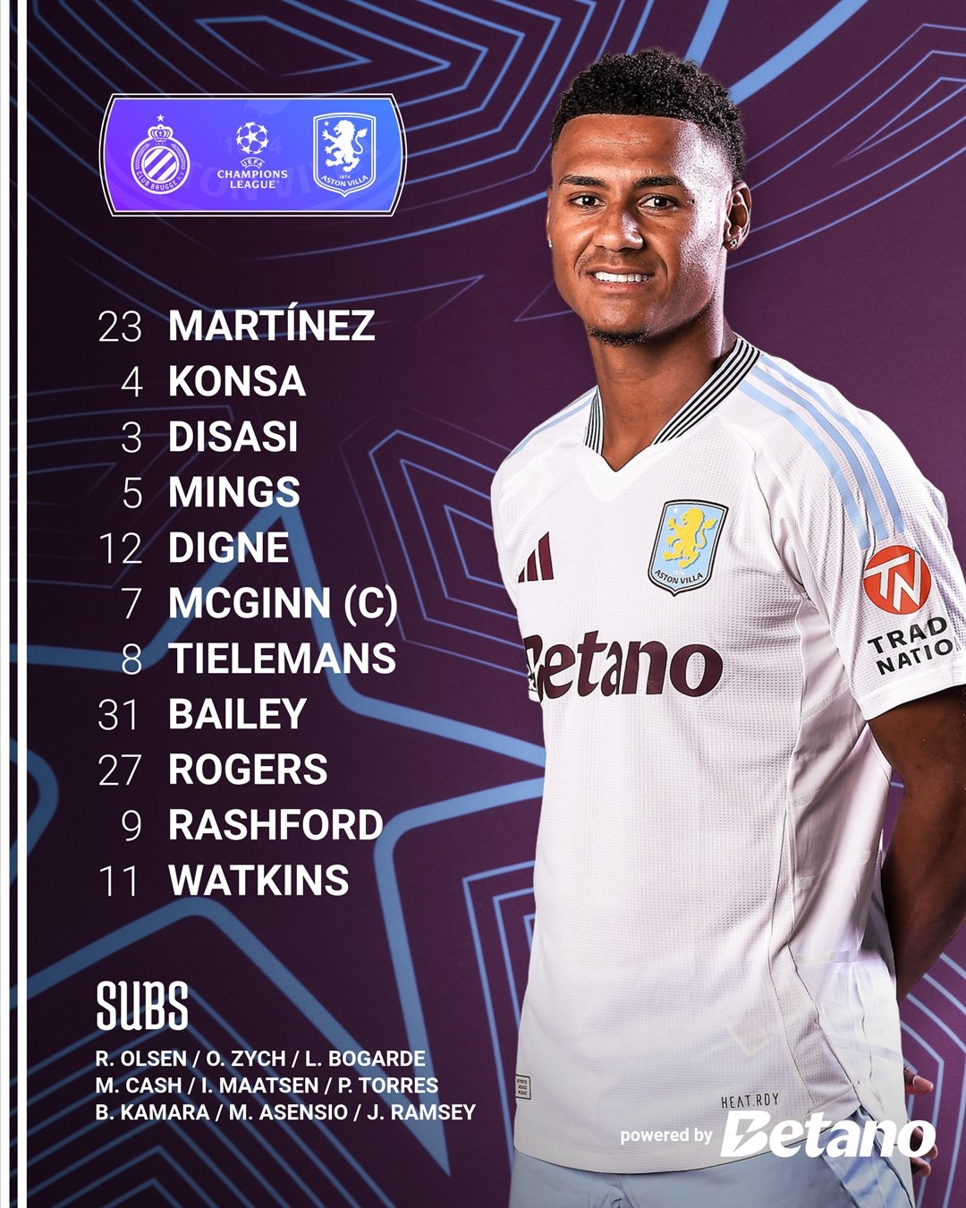 拉師傅出戰(zhàn)歐冠淘汰賽！維拉vs布魯日：拉什福德、沃特金斯先發(fā)