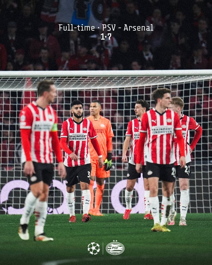 阿森納上次歐冠打進7球還是07年，埃因霍溫遭遇隊史歐冠最慘失利