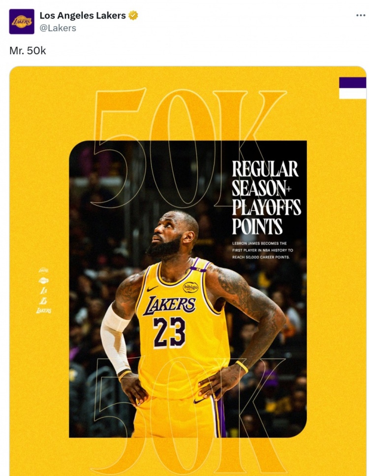 詹姆斯生涯50000分！湖人官方曬照：五萬分先生