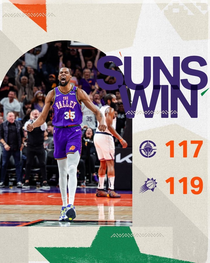 當(dāng)記首功！太陽官方曬贏球海報 杜蘭特振臂怒吼 哈登成為背景