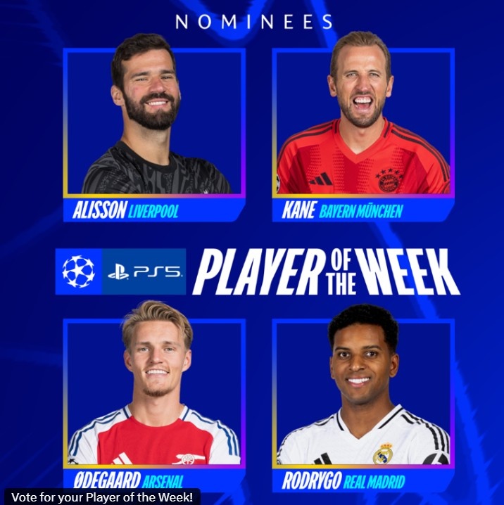 歐冠官方本輪最佳球員候選：阿利森、凱恩、羅德里戈、厄德高