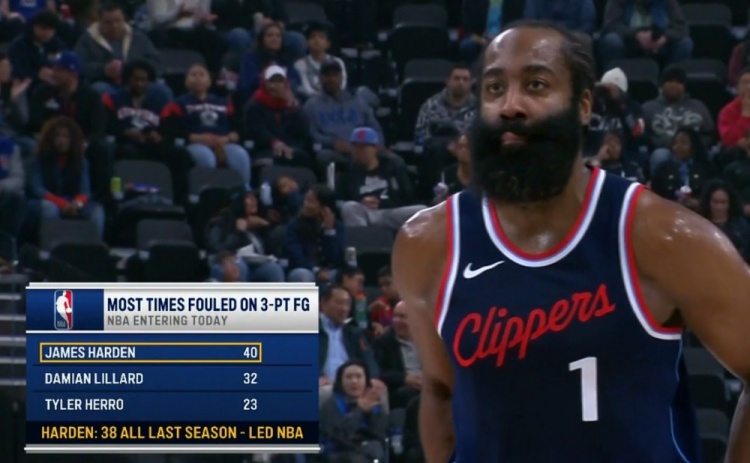 外線殺傷力十足！哈登本場(chǎng)之前40次三分被犯規(guī)領(lǐng)跑聯(lián)盟