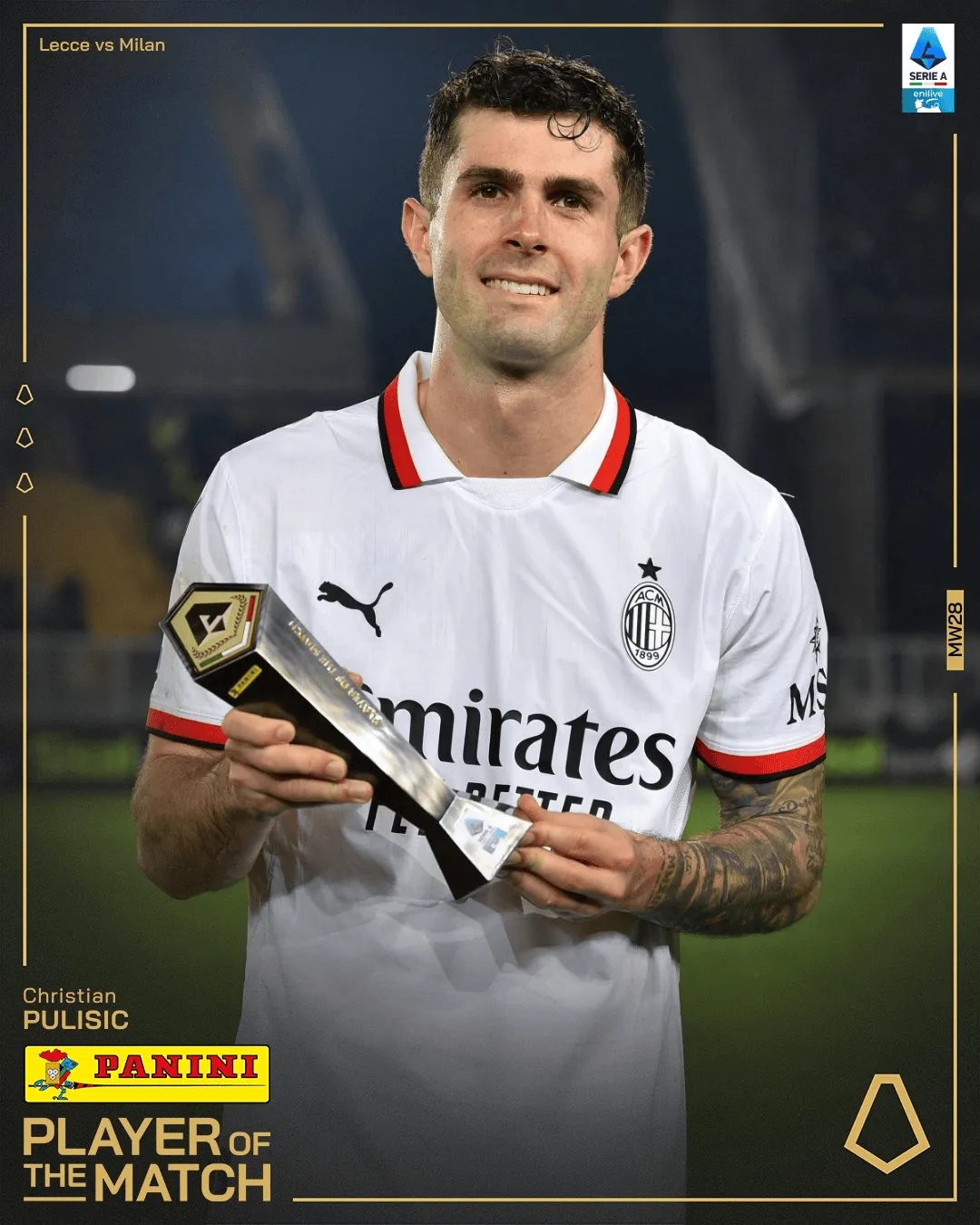 美國隊(duì)長！官方：普利西奇當(dāng)選AC米蘭vs萊切全場(chǎng)最佳球員