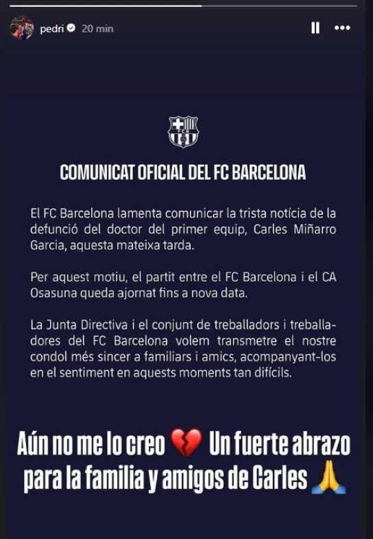 痛心！特爾施特根、佩德里、加維等球員社媒發(fā)文哀悼離世隊(duì)醫(yī)