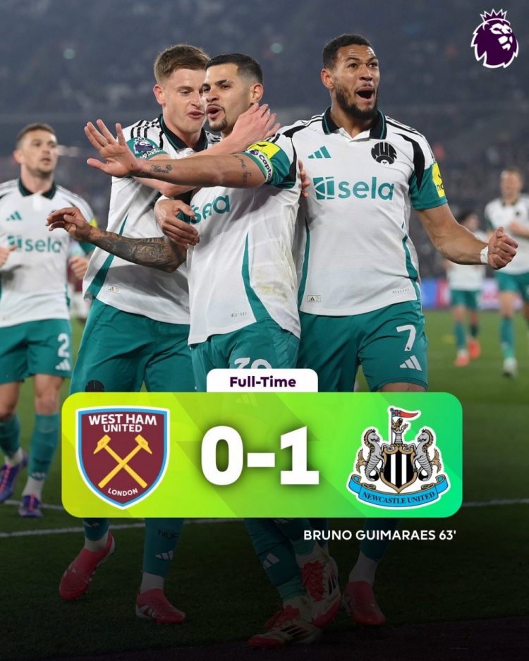 吉馬良斯制勝勝紐卡客場(chǎng)1-0擊敗西漢姆聯(lián)，喜鵲積分已追平曼城