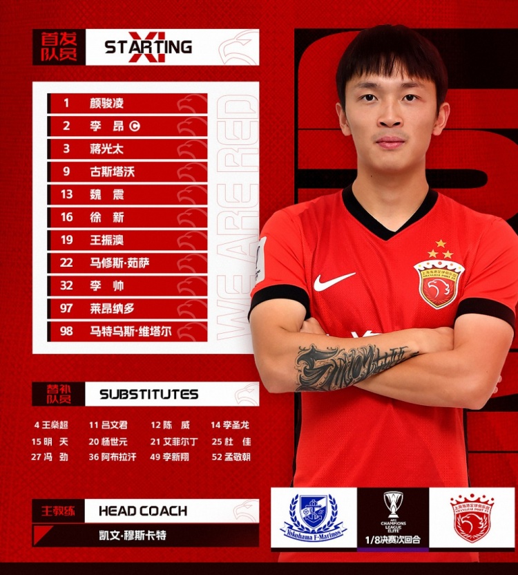今日首發(fā)——亞冠精英聯(lián)賽1/8決賽次回合，橫濱水手vs上海海港