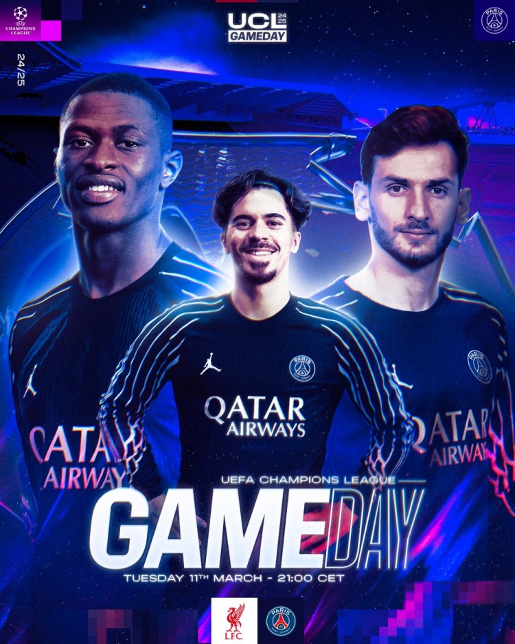 巴黎歐冠客戰(zhàn)利物浦海報：維蒂尼亞、努諾-門德斯、克瓦拉在列