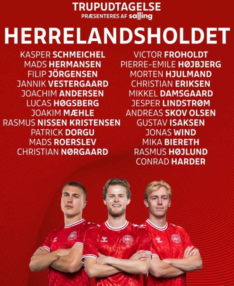 丹麥公布國家隊(duì)球員名單，霍伊倫領(lǐng)銜，小舒梅切爾、埃里克森在列