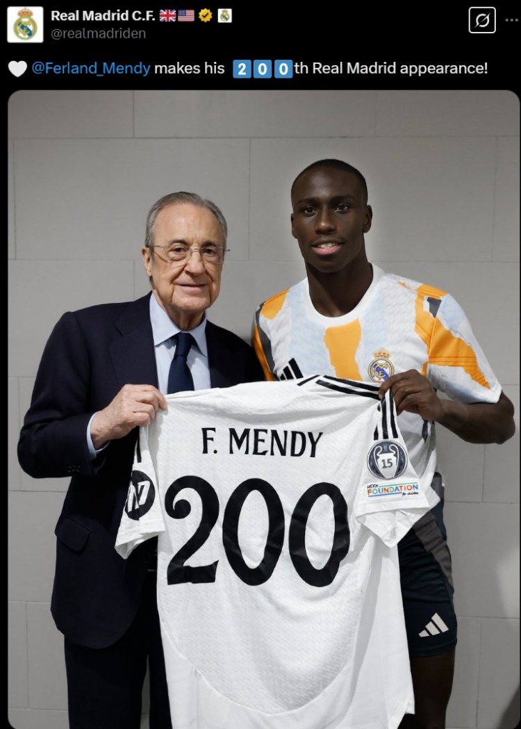 門迪達成皇馬200次出場里程碑，獲贈紀(jì)念球衣&與弗洛倫蒂諾合影
