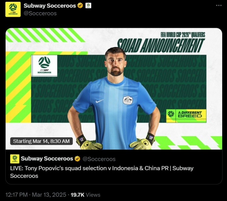 將戰(zhàn)國(guó)足！官方：澳大利亞新一期名單明日上午8:30公布