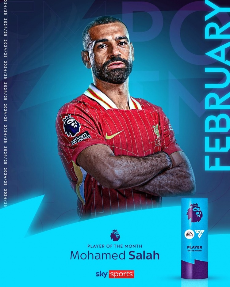 6場(chǎng)6球4助攻！官方：利物浦邊鋒薩拉赫當(dāng)選英超聯(lián)賽2月最佳球員