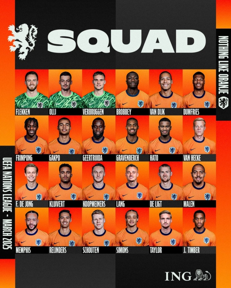 荷蘭歐國聯(lián)名單：范迪克、德容、德佩在列，德里赫特回歸