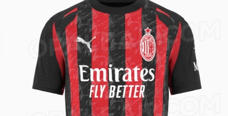 米蘭下賽季主場(chǎng)球衣泄露版：紅黑豎條紋點(diǎn)綴魔鬼圖案，紅白色隊(duì)徽