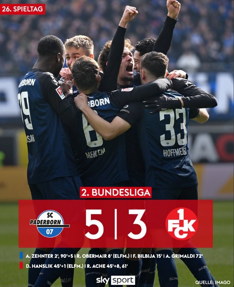 德乙升級關鍵戰(zhàn)上演進球大戰(zhàn)，帕德博恩5-3勝凱澤斯勞滕升第二