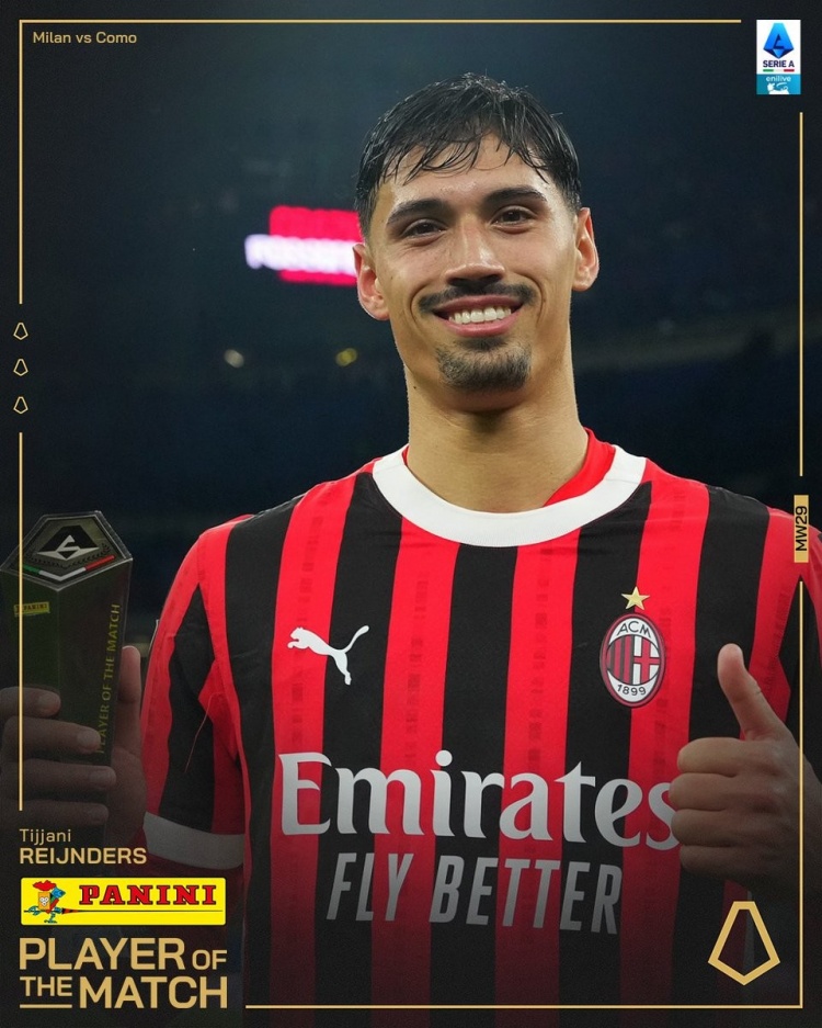 傳射建功！官方：賴因德斯當(dāng)選米蘭vs科莫全場(chǎng)最佳球員