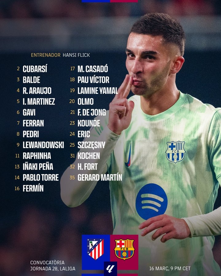 焦點大戰(zhàn)！巴薩客戰(zhàn)馬競名單公布：亞馬爾、萊萬、佩德里領(lǐng)銜