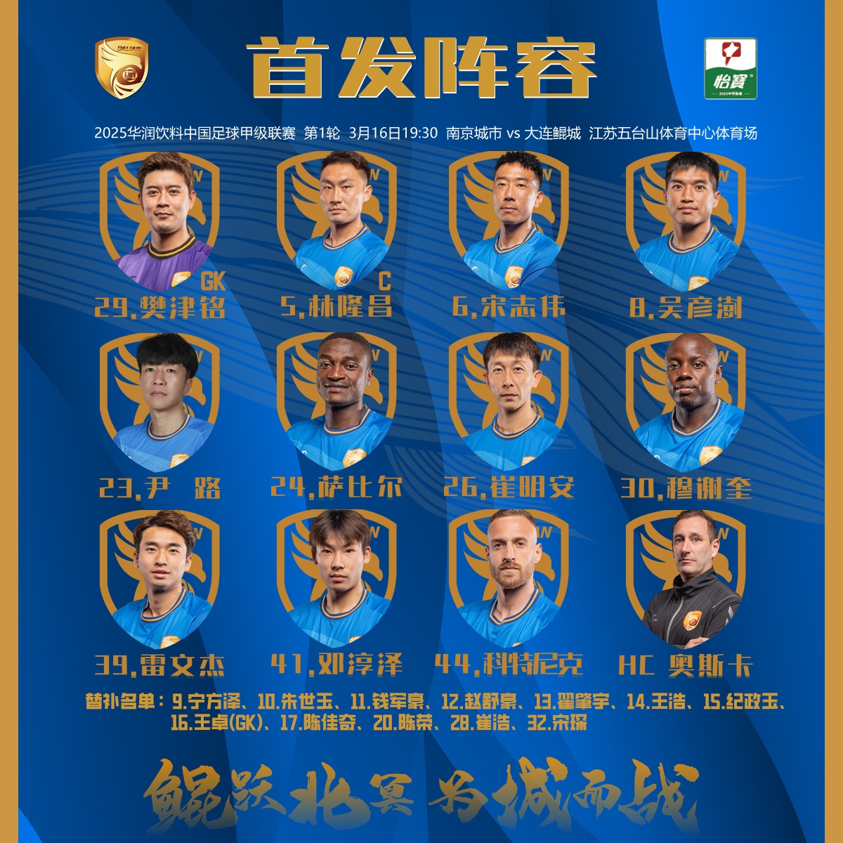 2025賽季中甲聯(lián)賽首輪，大連鯤城客場對陣南京城市首發(fā)出爐！