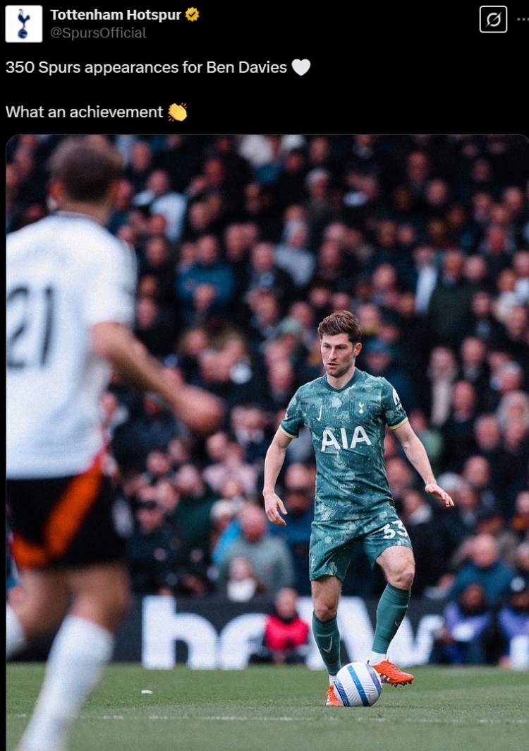 已效力球隊(duì)11載，本-戴維斯迎熱刺生涯各項(xiàng)賽事350次登場(chǎng)里程碑