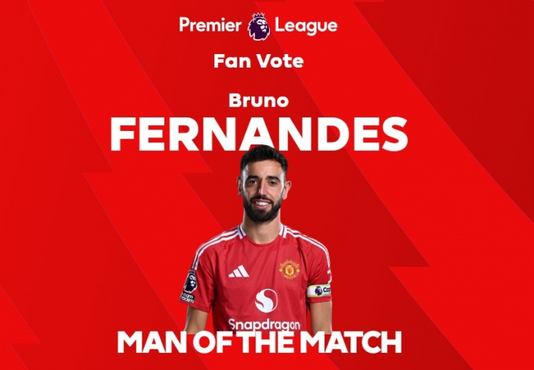 1射2傳，英超官方：B費(fèi)當(dāng)選曼聯(lián)3-0萊斯特城全場最佳