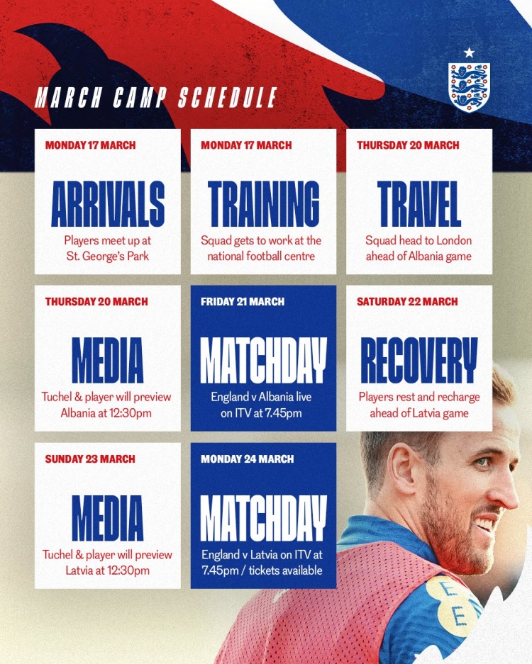 英格蘭本期集訓(xùn)日程：3月17日集合，將對陣阿爾巴尼亞、拉脫維亞