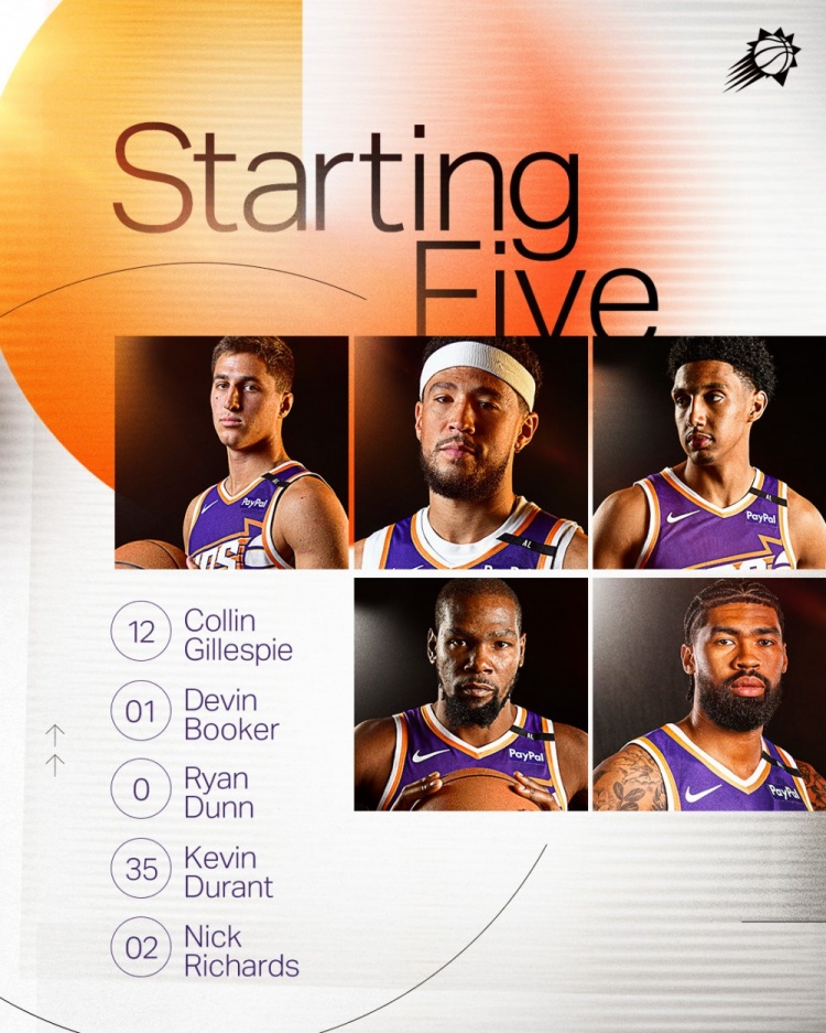 今日對(duì)陣猛龍！太陽首發(fā)：吉萊斯皮、布克、鄧恩、KD、理查茲