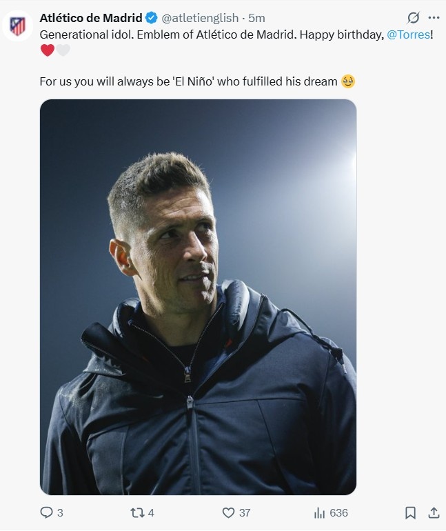 馬競(jìng)官方祝托雷斯41歲生日快樂(lè)：一代偶像，你永遠(yuǎn)是我們的圣嬰