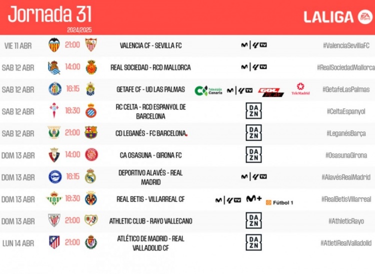 西甲31輪時間：4月13日3點萊加內(nèi)斯vs巴薩，22：15阿拉維斯vs皇馬