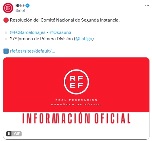 補賽仍在3月27日進行！官方：巴薩與奧薩蘇納的上訴被駁回