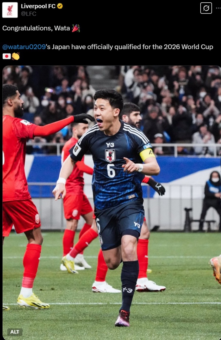 利物浦官推曬遠(yuǎn)藤航照片，祝賀其隨日本隊(duì)提前晉級(jí)世界杯