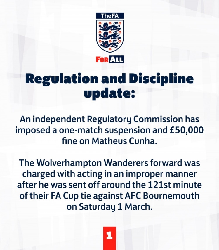 英足總官方：庫尼亞被罰下時行為不當，被追加禁賽一場+罰款5萬鎊