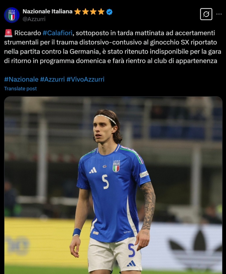 意大利隊官方：卡拉菲奧里左膝扭傷+挫傷，將返回阿森納