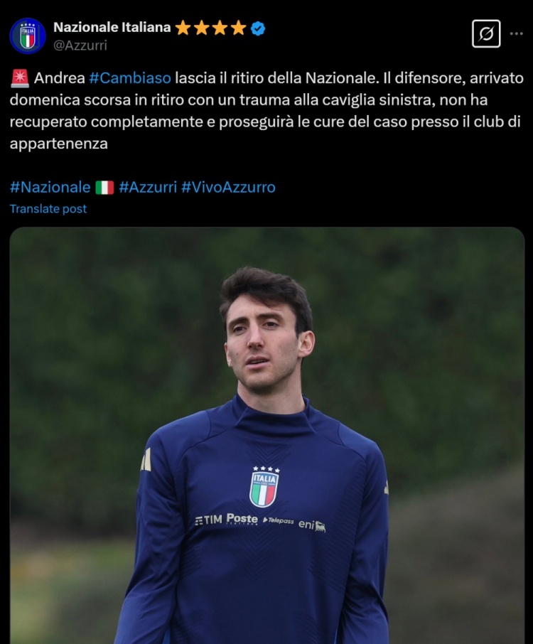 意大利隊官方：坎比亞索因左腳踝傷勢退出本期國家隊，將返回尤文
