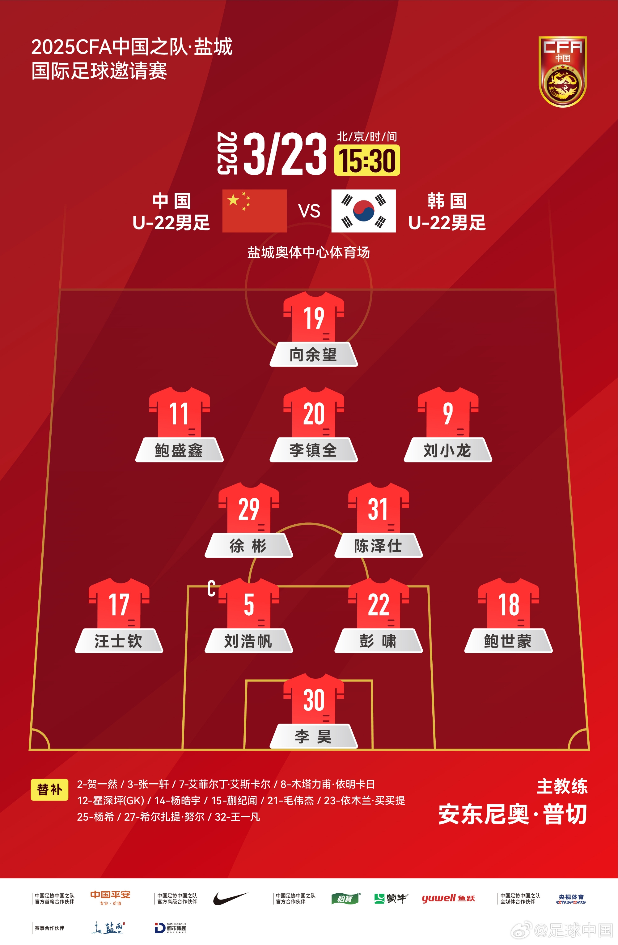 鹽城四國(guó)賽，中國(guó)U-22男足對(duì)陣韓國(guó)U-22男足，中國(guó)隊(duì)首發(fā)陣容