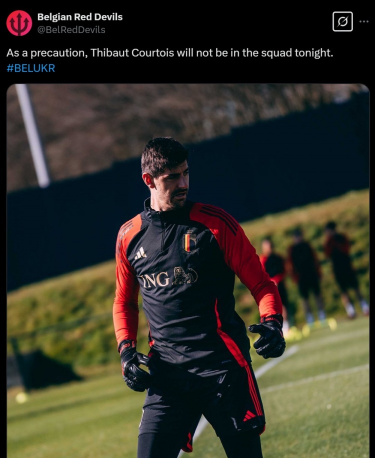 膝蓋出現(xiàn)傷情，比利時(shí)官方：作為預(yù)防措施，庫爾圖瓦不出戰(zhàn)烏克蘭