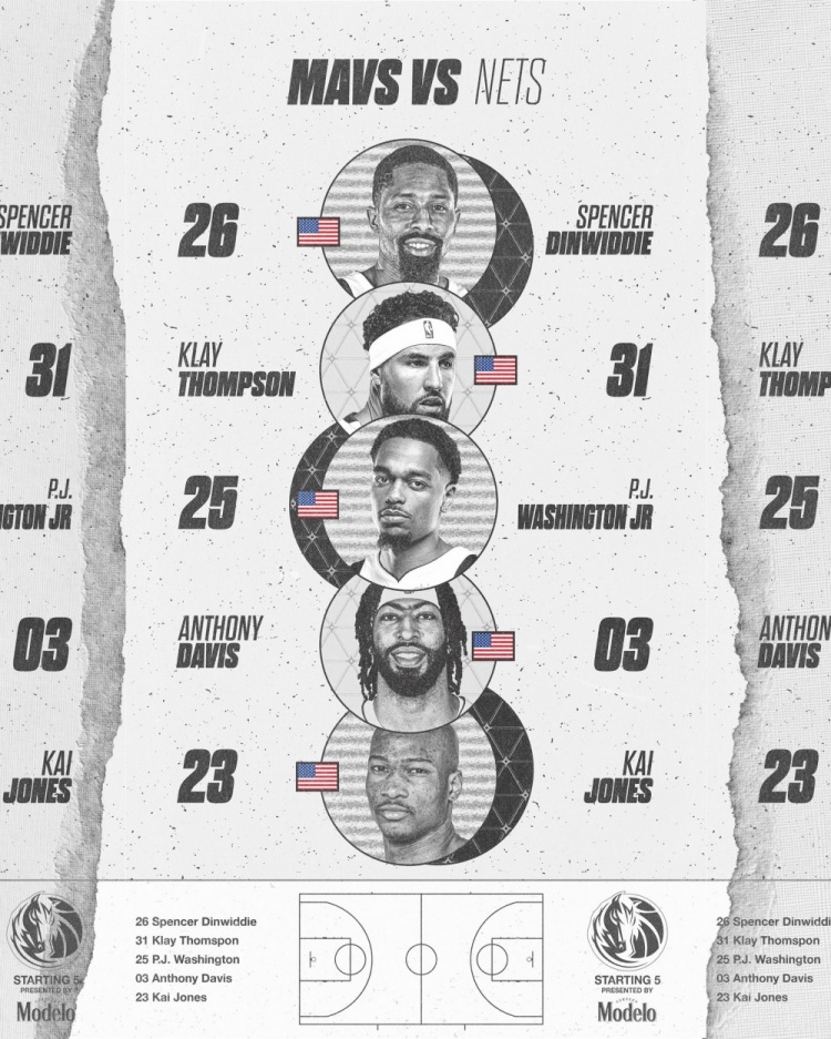 獨(dú)行俠VS籃網(wǎng)首發(fā)：濃眉復(fù)出 搭檔克萊&丁威迪&凱-瓊斯&華盛頓