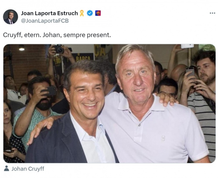 克魯伊夫逝世九周年，拉波爾塔社媒曬合照悼念：永恒不朽