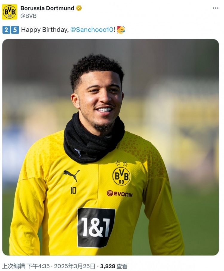 多特祝桑喬25歲生日快樂，球員效力期間出戰(zhàn)158場53球64助