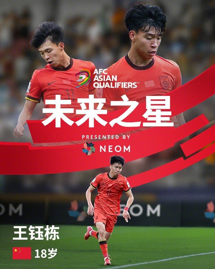 亞洲杯官方社媒發(fā)布王鈺棟個人海報：青年軍的旗幟，飄揚在前哨